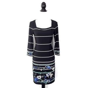 White House Black Market Striped Floral Stretch Dress Black Blue Size Small